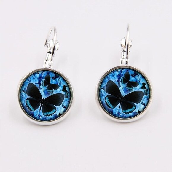 Blue Black Butterflies Glass Cabochon Silver Plated Handmade Leverback Earrings - Picture 1 of 2